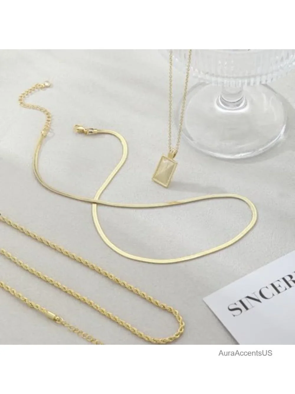 14K Real Gold Plated Layered Necklace Set, Stackable CZ Pendant Necklaces for
